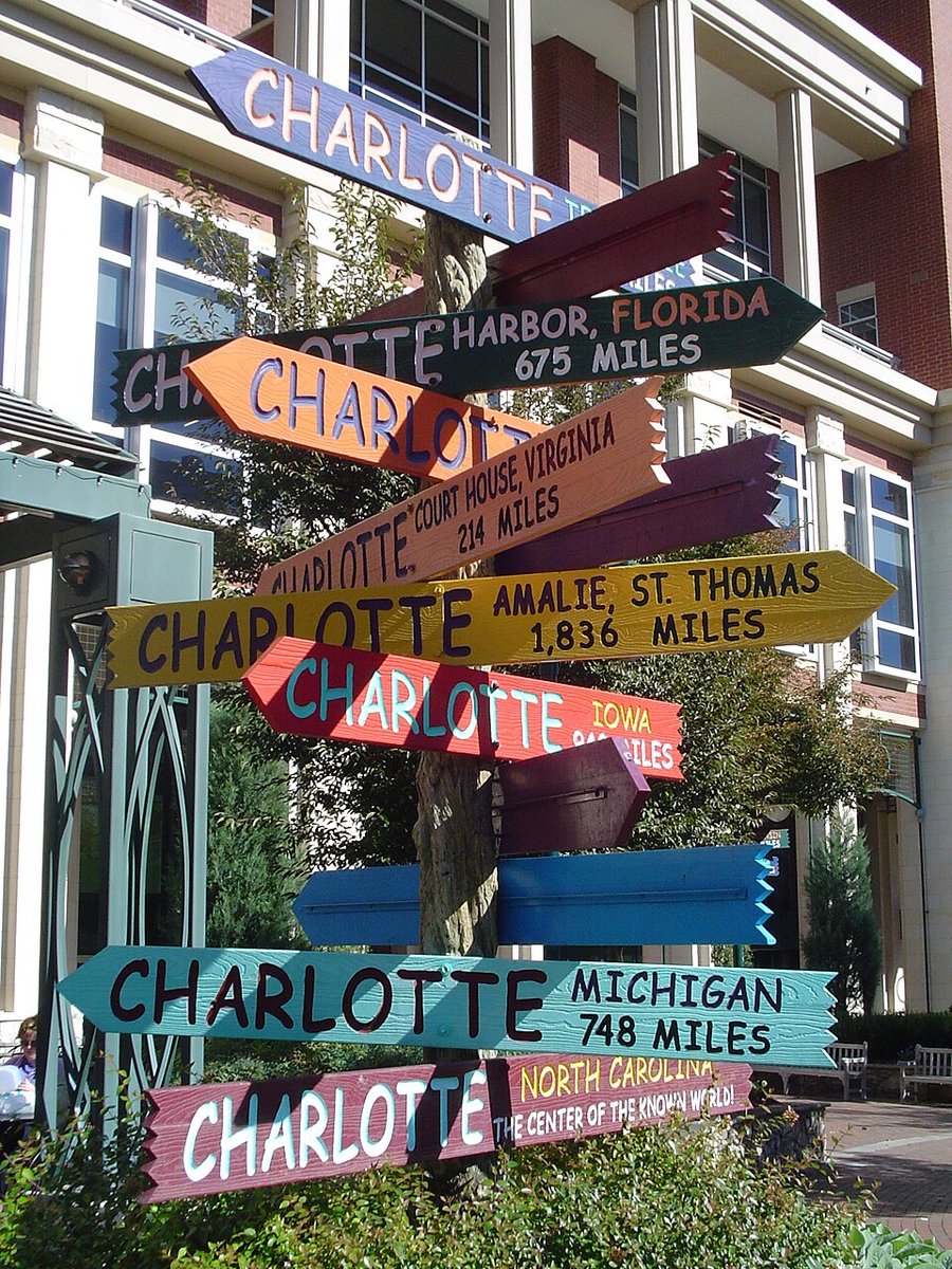 Charlotte (North), NC - File:Signpost in Charlotte, North Carolina, pointing to other  Charlottes.jpg - 